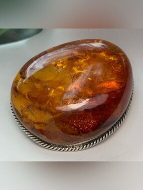 Vintage Amber Brooch Sterling Silver Baltic Amber Pin Honey Cognac Oval